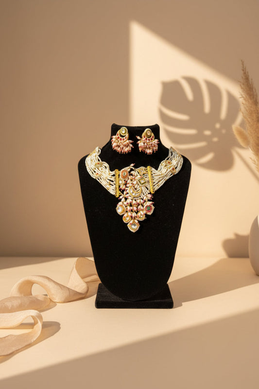 Ornate necklace and earrings set on a black stand
