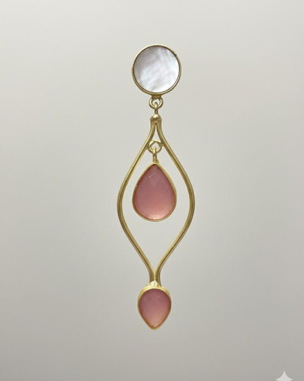 Gold earring with pink teardrop stones on a light gray background