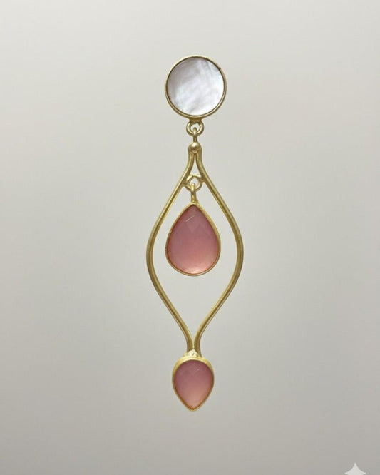 Gold earring with pink teardrop stones on a light gray background