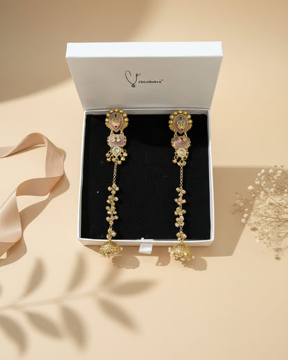 Chicshukra Heritage Kashmiri Brass Dehjoor Jhumkas with Peach Tones & Traditional Ghungroo Tassels