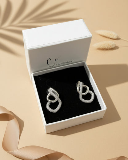 Silver earrings in a white box with a brand logo.