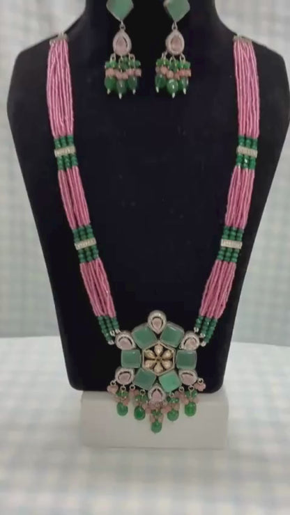ChicShukra Pink-Green Beaded Kundan Long Necklace Set with Earrings