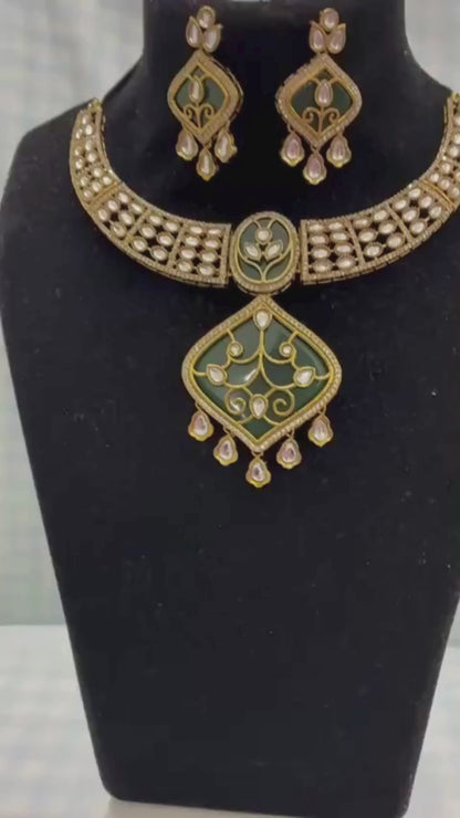 Royal Green Kundan Chicshukra Necklace Set with Diamond Cut Elegant Pendant