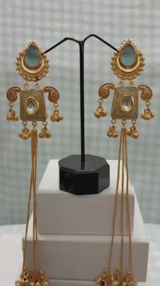 ChicShukra Kashmiri Gold-Toned Aqua Teardrop Jhumke Earrings