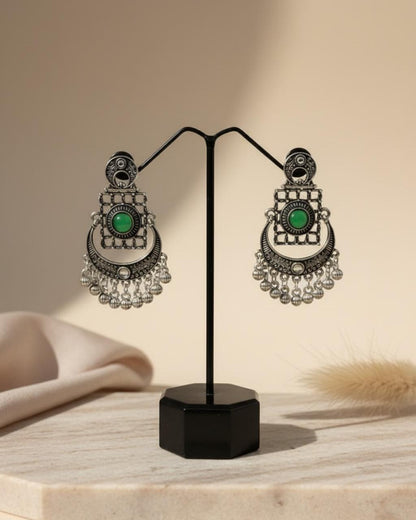 ChicShukra Silver‑Tone Green Gemstone Elegant Drop Earrings