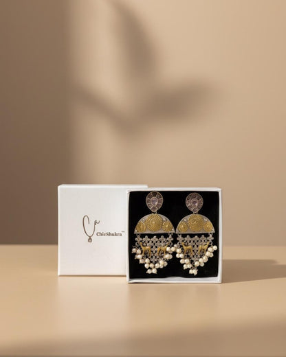 ChicShukra Brass Oxidised Silver-Gold Pearl Jhumka Earrings