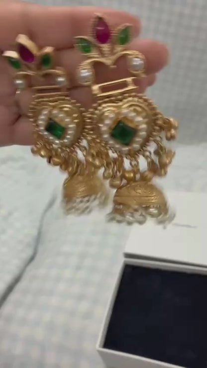 ChicShukra Emerald Pearl Gold Jhumka Earrings